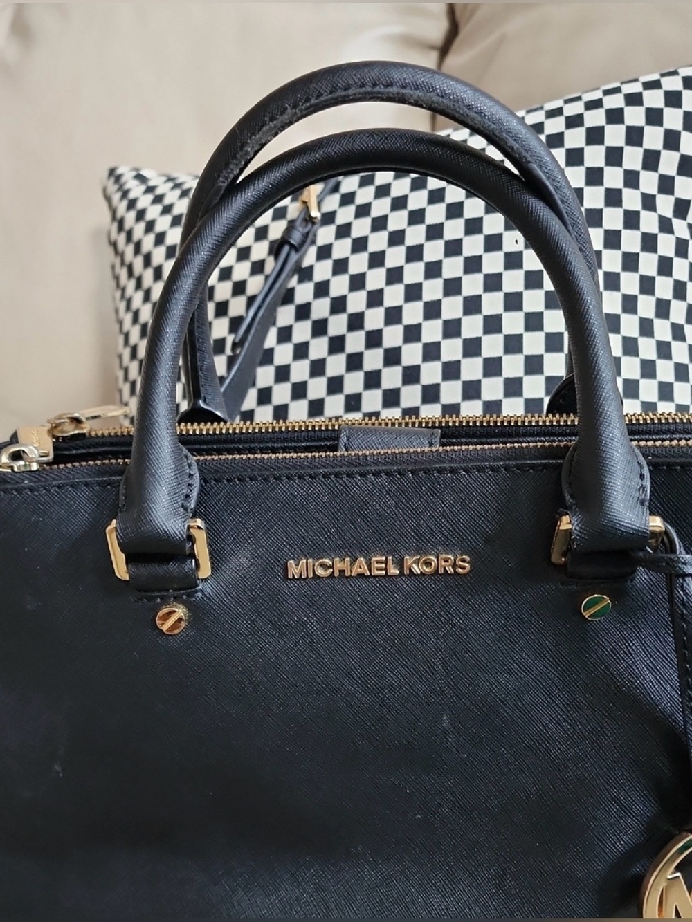 Michael Kors Black Leather Saffiano Satchel with Gold Hardware